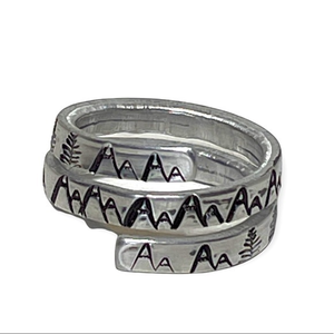 Handmade 8 stamped mountain/tree boho silver adjustable hypoallergenic wrap ring